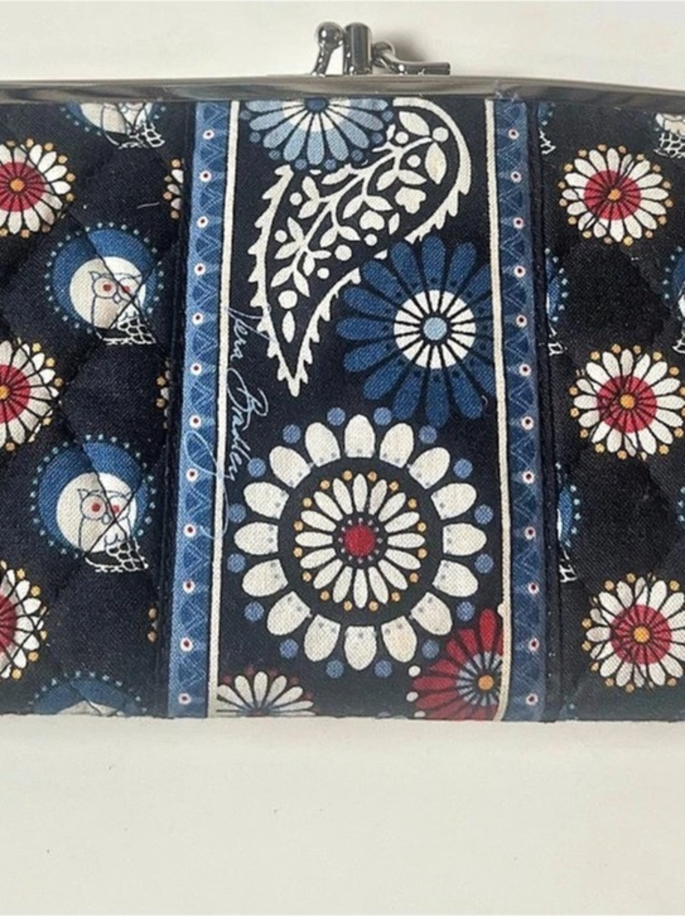 Vera Bradley Night Owl Kisslock Clutch Wallet Floral Blue & Black